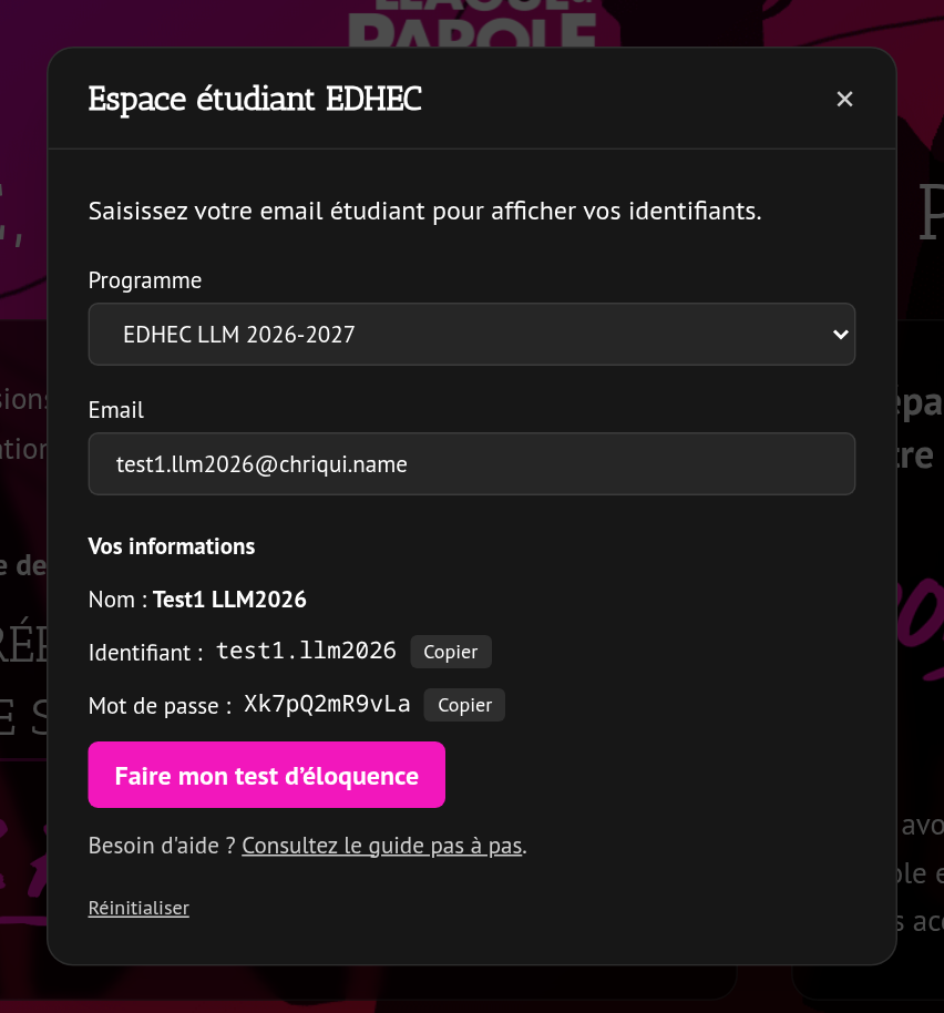Fenêtre Espace étudiant EDHEC affichant l'identifiant et le mot de passe